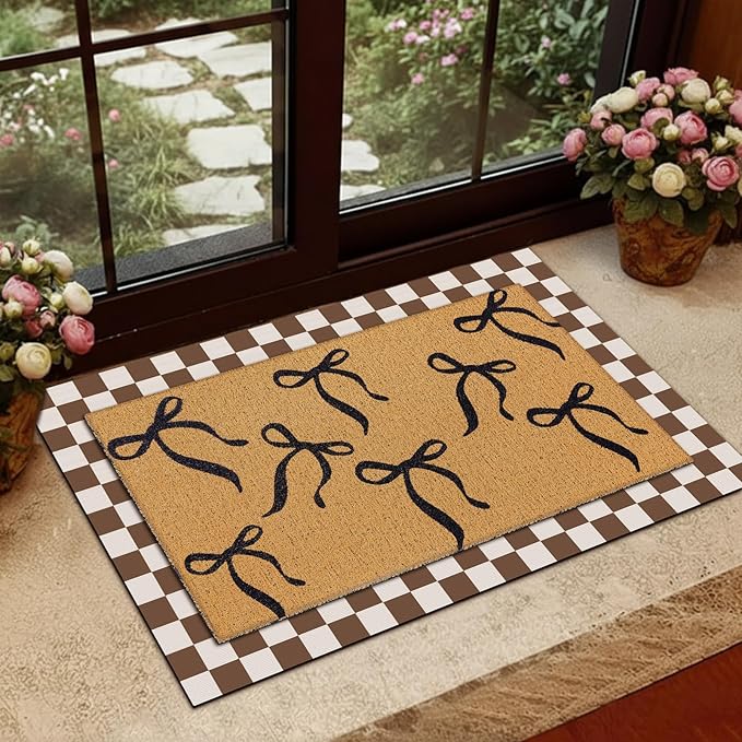 Tinideya 2 Pcs Boho Bows Door Mat Welcome Non Slip Coir Mats Floor Layering Doormats Seasonal for Front Porch Entryway Decor(Boho Bows)