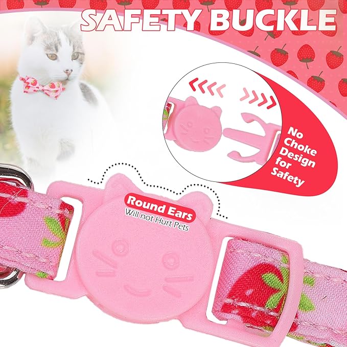 EXPAWLORER Cute Cat Collar Breakaway with Bells - 2 Pack Fruit Adjustable Pet Collar with Removable Bow Tie and Bandana, Safety Buckle for Girl Boy Cats Kitten, Strawberry