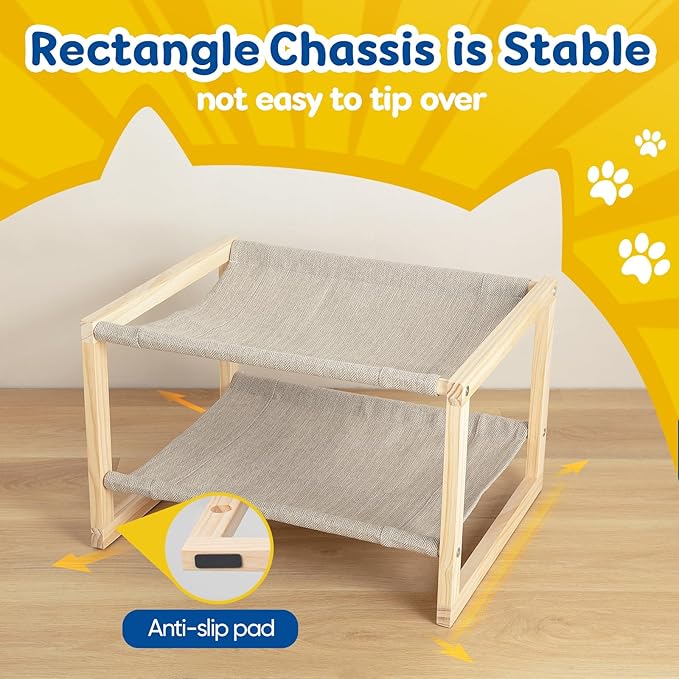 Cat Hammock, Double Layer Wooden Bed for Indoor Cats, 2 Tier Elevated Cat Bed with Breathable & Washable Covers, Sturdy Natural,20 x 16.5 x 13 Inch