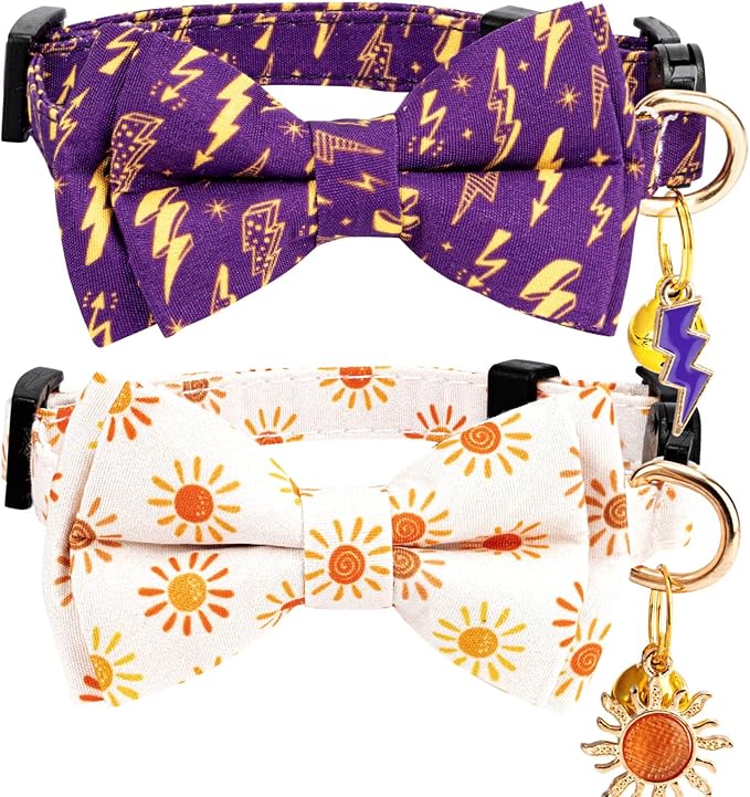 2 Pack Breakaway Cat Collar with Removable Bow Tie and Bell for Boy Girl Cats,Cute Cotton Kitten Collar with Purple Lavender and Red Flower Pattern for Female Male Cats (Lightning&Sun)