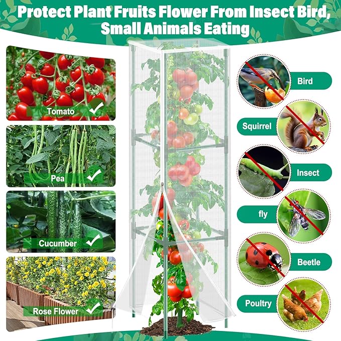 3 Pack Garden Bird Netting Plant Cover for Square Tomato Cage,14.6"x14.6"x51.2" Insect Bird Barrier Tomato Cage Net with Zipper Drawstring,Tomato Trellis Netting Protection Cover for Protecting Plants