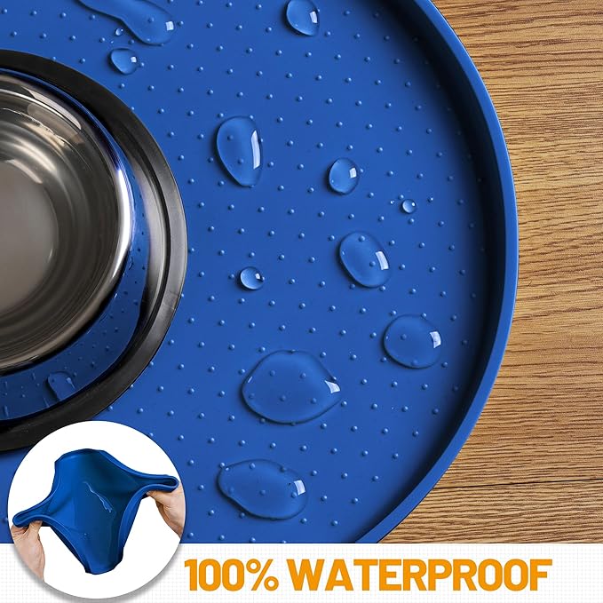 Hubulk 100% Waterproof Silicone Pet Feeding Mat with Raised Edge for Food and Water, Dog Bowl Mats, Cat Bowls Placemat with High Lip Protects Floor for Cats and Dogs (Navy Blue, 24" L x 16" W)