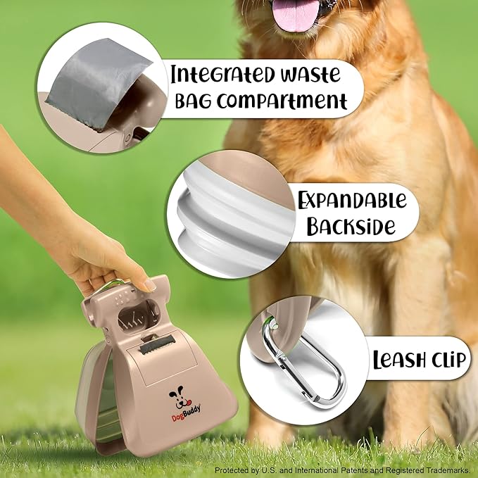 DogBuddy Pooper Scooper, Portable Dog Pooper Scooper, Poop Scooper for Small and Large Dogs, Pooper Scooper with Bag Attachment, Leash Clip and Dog Waste Bags Included (Large, Taupe)