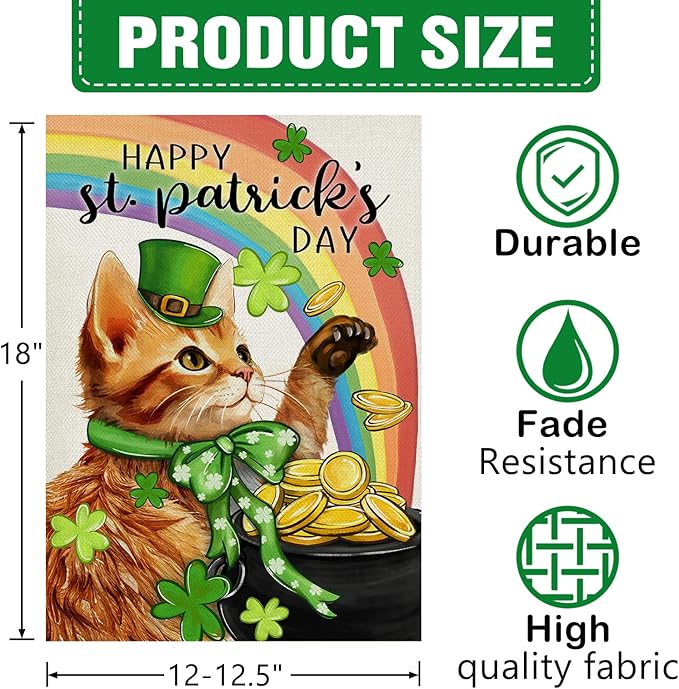 Dyrenson Happy St Patricks Day Orange Cat Decorative Garden Flag, Pet Rainbow Pot of Gold Yard Outside Home Decorations, Spring Irish Shamrock Clover Burlap Outdoor Small Decor Double Sided 12 x 18