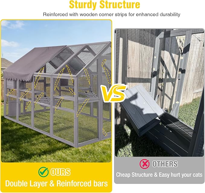 Aivituvin Cat House Outdoor Catio Kitty Enclosure with Super Large Enter Door,Wooden Cat Cage Condo Indoor Playpen with Platforms,Small House 110" L