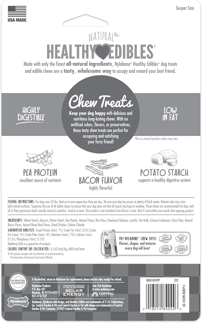 Nylabone Healthy Edibles Natural Dog Chews, Long Lasting Bones for Dogs, Bacon Flavor Dog Treats, X-Large (2 Count)