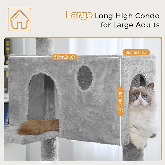 54" Cat Tree with Big Hammock 21x17” XL Cat Tower with Scratching Posts Featuring Large Top Bed, Scratcher Pad, Spacious Condo House and Detectable Ball for Indoor Cats-Large Gray