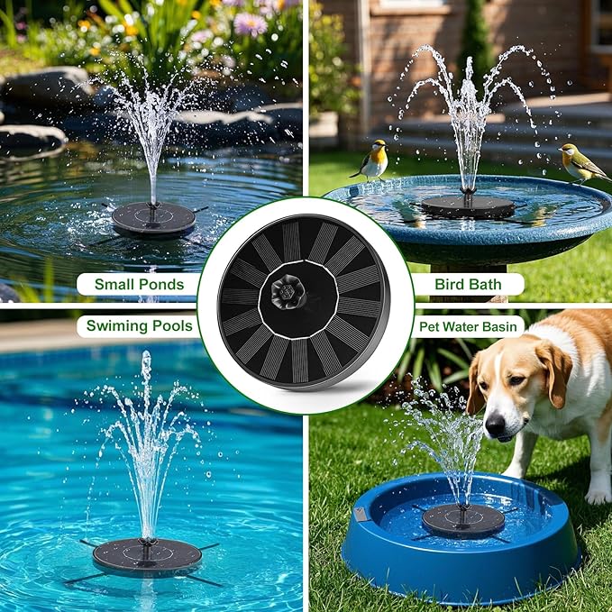 Solar Fountain Pump with Spray Height Adjustment, Upgrade Glass Solar Bird Bath Fountains with 6 Nozzles, Outdoor Solar Water Fountain Pump for Bird Bath, Garden, Pool, Pond