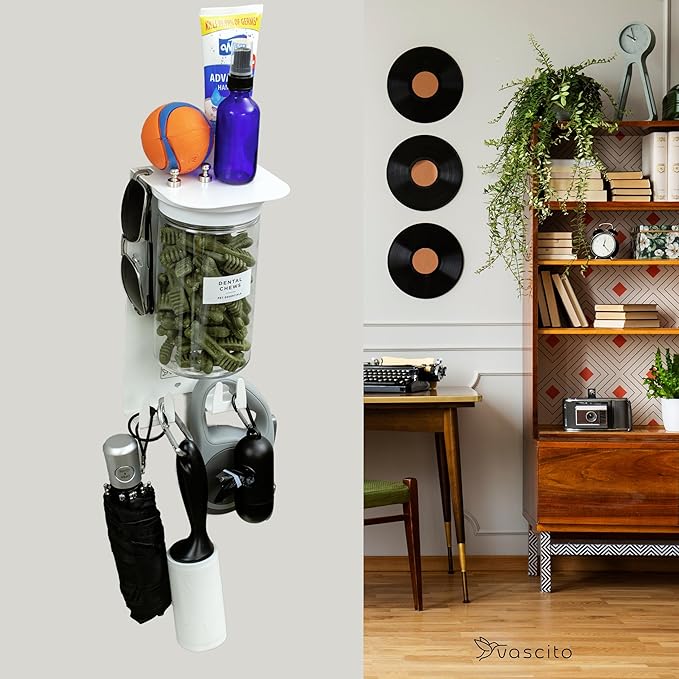 Dog Treat Holder For Wall Storage For Pets, Premium Pet Wall Organizer, Includes One 32oz Airtight Dog Treat Jar, 2 Sets of Triple Hooks, Sturdy Shelf in Designer White