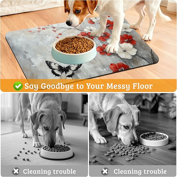 ButterflyFlowers Dog Cat Food Mat,Red White Absorbent Waterproof Placemat for Food and Water Non Slip Rubber Backing Durable Feeding Pad for Clean Floors 12" x 20"