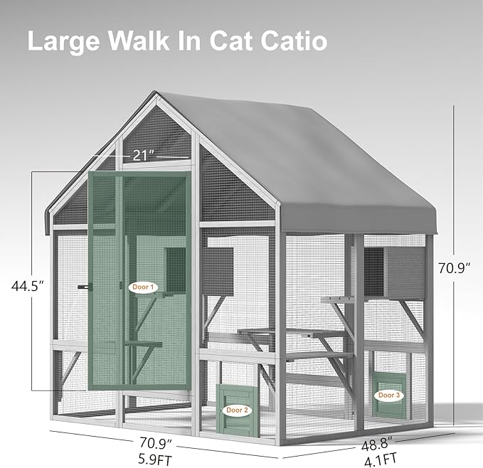 Cat Catio - Large Outdoor Catio Enclosure with 7 Tiered Platforms & 2 Premium Resting Boxes, Weatherproof Cat Cage with UV-Resistant Cover, Spacious Cats Enclosure for Multi-Cats(71"x49"x71")