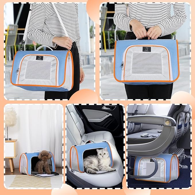 A 4 Pet Cat Carrier, Airline Approved Pet Carrier for Small Medium Cats Dogs Puppy with Safety Tether, Lightweight EVA Soft-Sided Bag, Anti-Collapse for Plane Car Train Vet