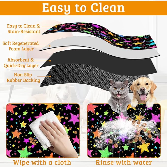 Neon Stars Dog Food Mat,Bright Colorful Absorbent Pet Feeding Mat for Food and Water Bowl,Quick Dry Dog Placemat Non Slip Rubber Backing Waterproof Pet Supplies 16" x 24"
