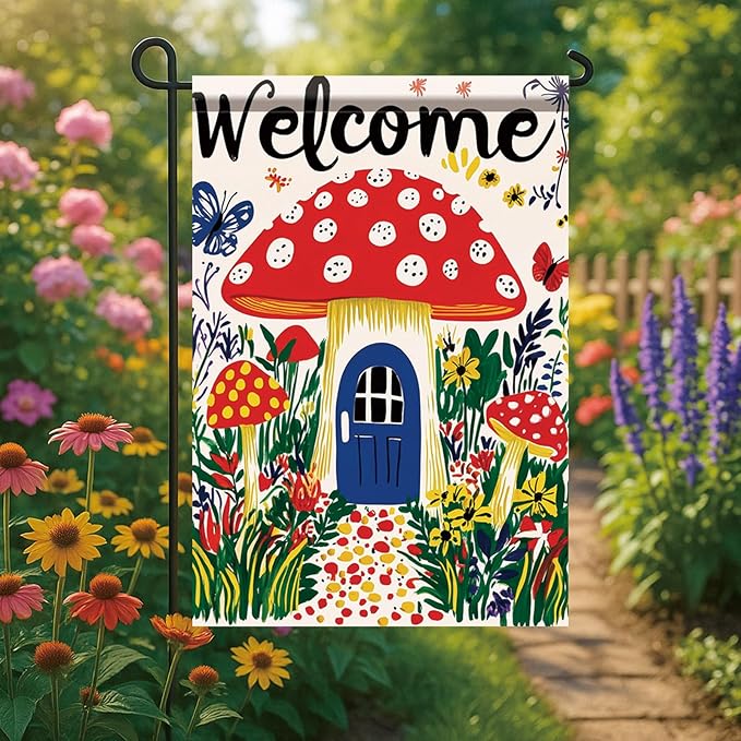 Mushroom House Garden Flag 12x18 Inch Welcome Yard Banner Whimsical Fairy Tale Style Double Sided Outdoor Decoration for Porch Lawn Patio Spring Summer Seasonal Garden Decor