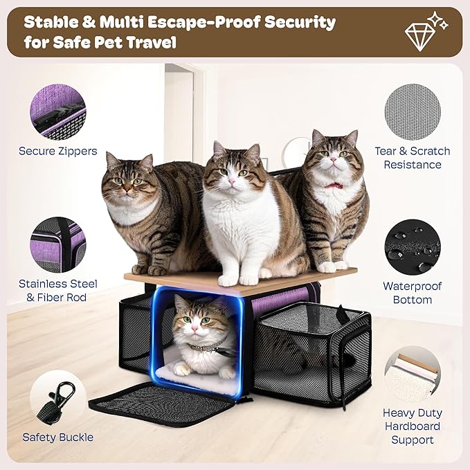 Top and 2 Sides Expandable Pet Carrier 17x11x9.5, TSA Airline Approved Small Dog Carriers for Small Dogs, Soft-Sided Cat Carrier with Self-Locking Zippers for Kitten,Rabbit, Puppy, Guinea Pig Purple
