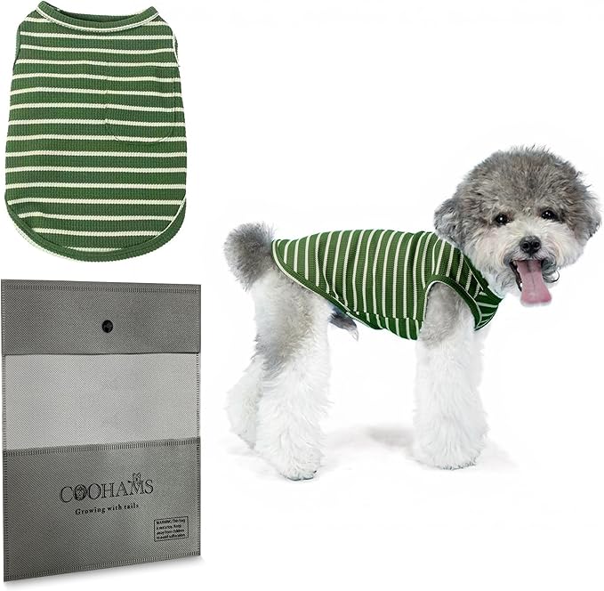 Dog Clothes, Stripe Dogs Shirts for Small & Medium Breeds, Pet Tank Top, Breathable Waffle Fabric Puppy Outfit, Shirt for Chihuahua, Yorkie, Dachshund, Corgi (Green, Large)