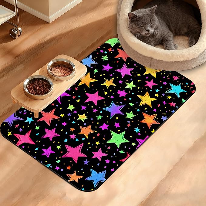 Neon Stars Dog Food Mat,Bright Colorful Absorbent Pet Feeding Mat for Food and Water Bowl,Quick Dry Dog Placemat Non Slip Rubber Backing Waterproof Pet Supplies 16" x 24"