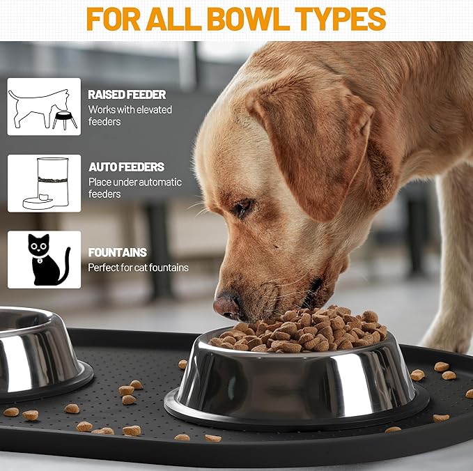 Hubulk 100% Waterproof Silicone Pet Feeding Mat with Raised Edge for Food and Water, Dog Bowl Mats, Cat Bowls Placemat with High Lip Protects Floor for Cats and Dogs (Black, 32" L x 24" W)