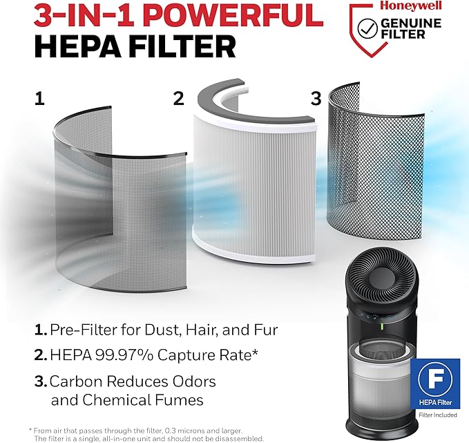 Honeywell Allergen Plus™ 3-in-1 HEPA Air Purifier, Fan & Air Circulator, 1928 Ft² Rooms in 1 hour, Air Quality Sensor, Sleep Mode, Reduces Allergens, Pet Dander, and Odors, Black, HPA6000B