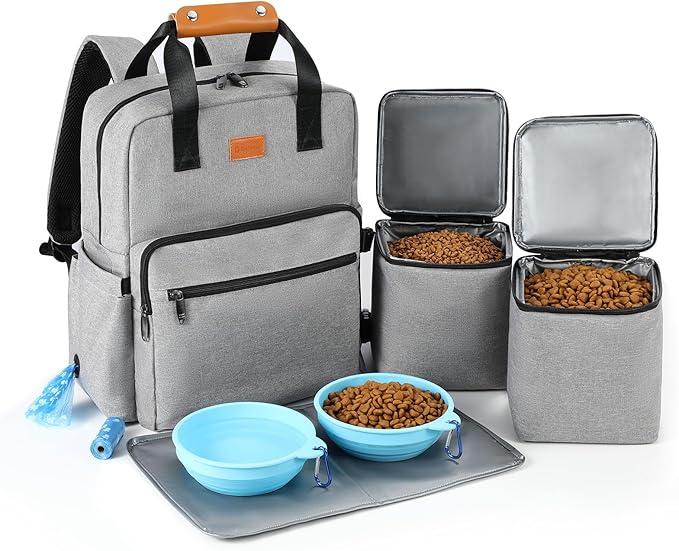 Dog Travel Bag All-in-One Set: DELOMO 25L Airline Approved Dog Travel Backpack with 2 Food Containers + 2 Collapsible Bowls + 1 Waterproof Mat for Weekend to Week-Long Pet Travel, Camping, Road Trips
