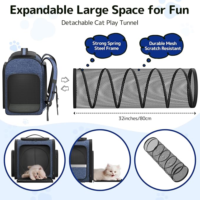 Cat Carrier Backpack with Detachable Play Tunnel, 2 in 1 Cat Tunnel Backpack Suitable for Carrying & Playing, Expandable Pet Carrier for Small Medium Kitten Puppy, Suitable for Travel Hiking Camping