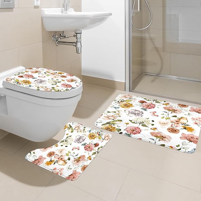 4 PCS Spring Floral Birds Bathroom Set with Shower Curtain and Rugs 72Wx72H Inch Flower Plant Watercolor Non-Slip Bath Rug Toilet Lid Cover and U Shape Mat Accessories 12 Hooks Bathoom Decor