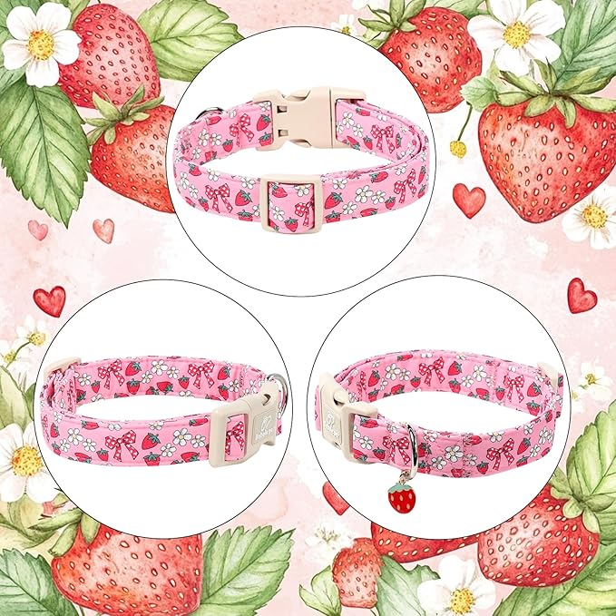Strawberry Bow Dog Collar for Large Dogs - Cute Pink Spring/Summer Girl Dog Collars, Lightweight Adjustable Female Girly Dogs Collars with Quick Release Buckle L