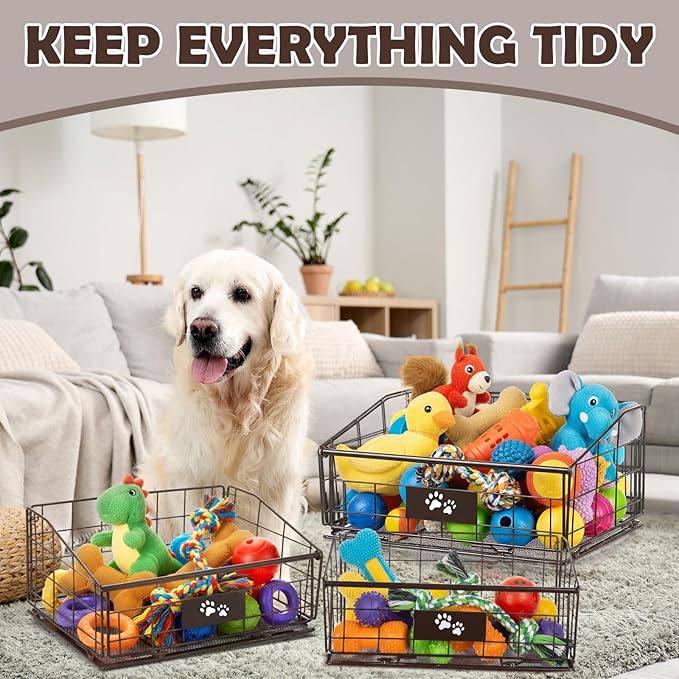 Mimorou 3 Pack Metal Dog Toy Baskets Multi-sized Foldable Dog Toy Bins Box Storage Container Organizer for Living Room Area Decorative Pet Accessories Coat Clothing Storage Holder Baskets(Bronze)