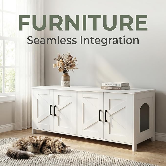 Homhedy Cat Litter Box Enclosure For 2 cats, Litter Box Furniture Hidden with Double Room,Wooden Cat Washroom Furniture,Cat House,47.2”L x 19.7”W x 19.7”H,White