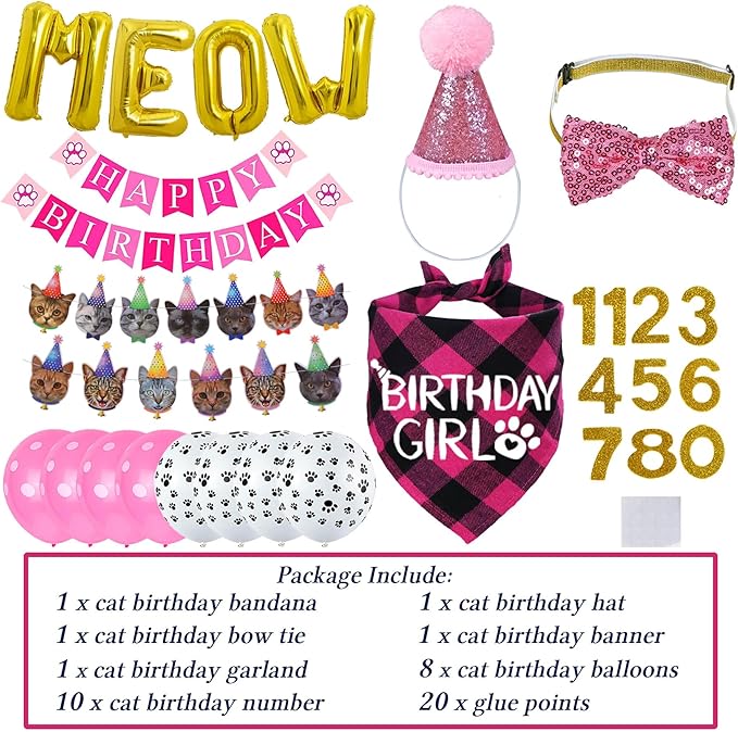 STMK Cat Birthday Party Supplies - Hat, Bandana, Bow Tie, Collar, Banner, Garland, Meow Letter Balloons, Kitten Outfits - Pink