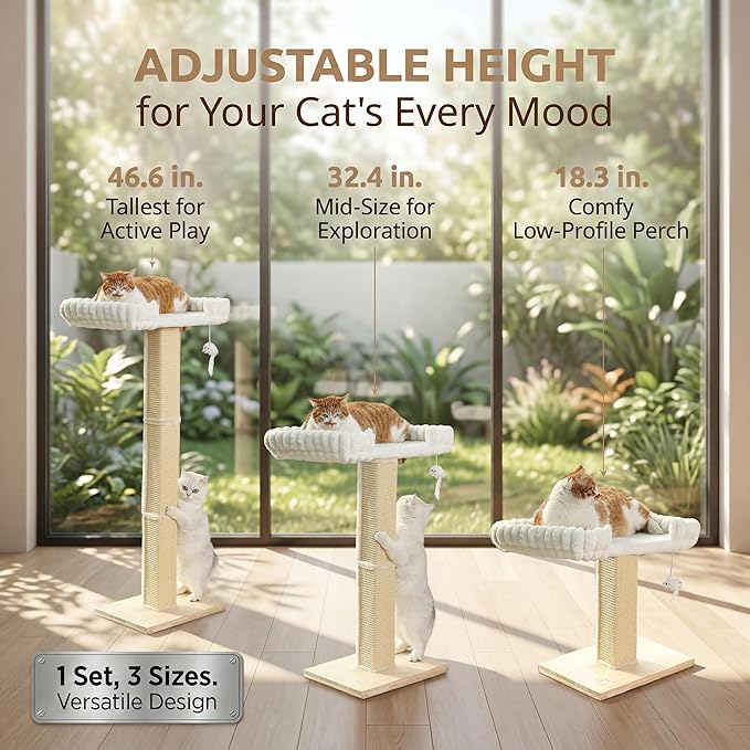 Cat Scratching Post with Large Window Perch - SnugCloud Ultra Soft Bed with Bolster,Adjustable 47" Tall Sisal Scratcher Tree for Maine Coon Big Cat Climbing, Naping and Overlooking