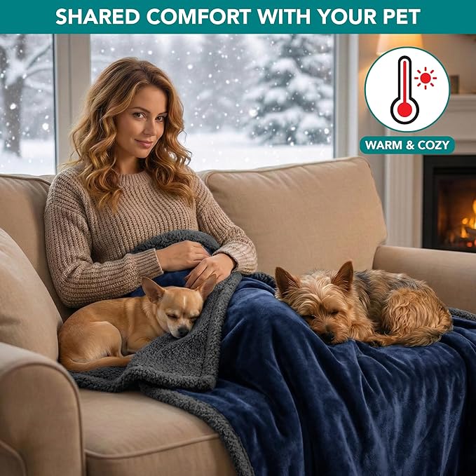 PetAmi Waterproof Dog Blanket for Queen Bed Large XL Dog Throw for Couch Cover Leakproof Furniture Protection, Sherpa Fleece, Reversible Soft Washable 90x90 Navy Gray