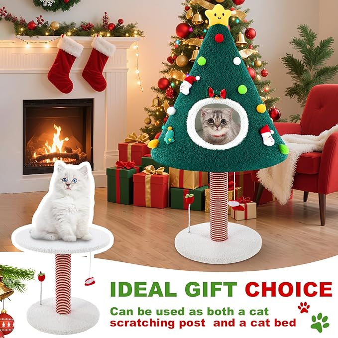 36.6 Inch Christmas Cat Tower with Cat Scratching Post and Green House Scratcher Tall Tree Tower Nature Sisal Christmas Tree Scratcher Activity Center Play Condo for Indoor
