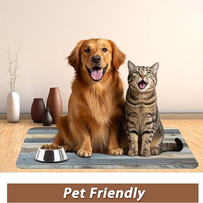 Vintage Barn Wooden Dog Cat Food Mat,Rustic Wood GrainAbsorbent Pet Feeding Mat for Food and Water,Non-Slip Dog Bowl Mats Floor Protector 12"x20"
