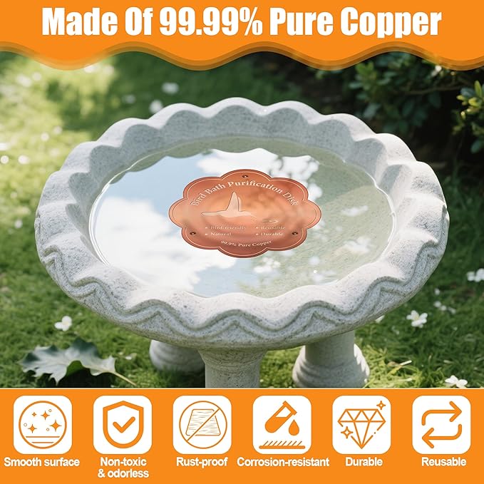2P 4inches Bird Bath Purification Disk, 99.99% Pure Copper Bird Bath Disc Safe Birdbath Cleaner Disks for Outdoor All-Season Use 0.6mm Birdbaths Copper Disk with 3 Point Support