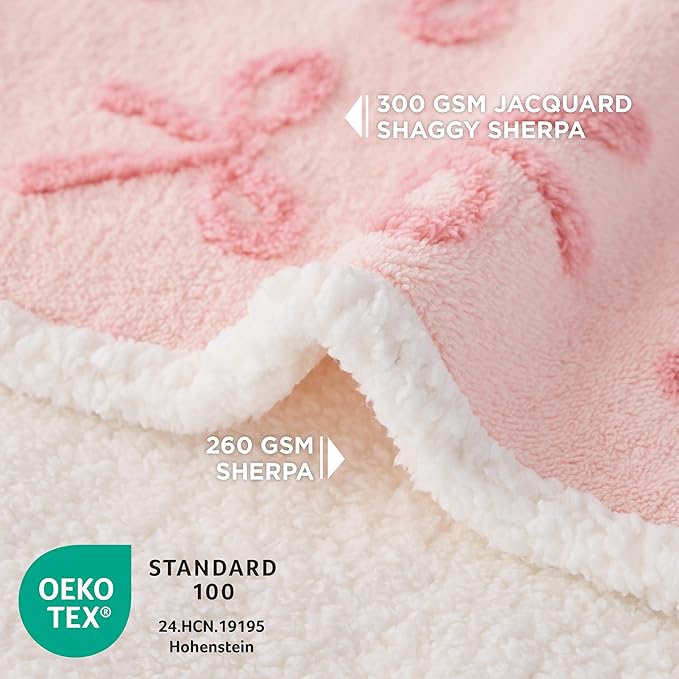 LE SURE Waterproof Puppy Blanket for Small Dogs - Washable Double Sided Dog Blankets with Warm Jacquard Shag and Soft Sherpa Fleece, Pet Cat Blanket for Couch Protection, Bow Design，Pink Taffy