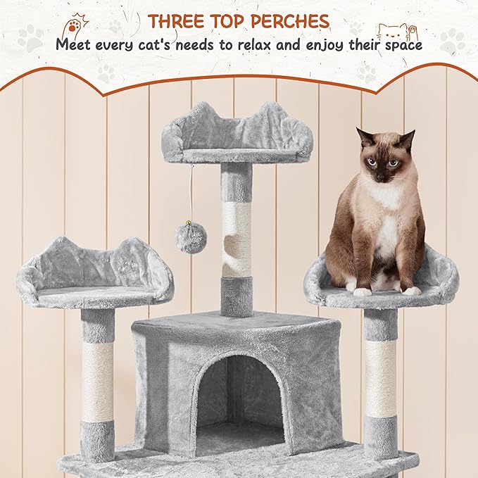 Yaheetech 76.5in Multi-Level Large Cat Tree, Big Cat Tower with 3 Condos, Cozy Plush Perches, 9 Sisal Scratching Posts and Ladder, Activity Center for Large Kitties, Light Gray