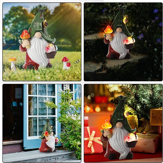 Mushroom-Picking Gnome Solar Garden Statue with 3 LED Lights, Set with 1 Gnome and 2 Small Mushroom, Lovely Garden Gnome Set for Patio, Yard, Lawn Ornament, Outdoor Christmas Decor