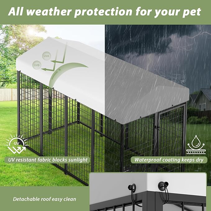 LOVMOR Outdoor Dog Kennel with Roof, Heavy Duty Steel Dog Run Enclosure for Medium Dogs, Waterproof Canopy, Double Latch Door, Adjustable Feeding Bowls, Pet Pen for Yard and Patio, 8’L x 4’W x 5.6’H