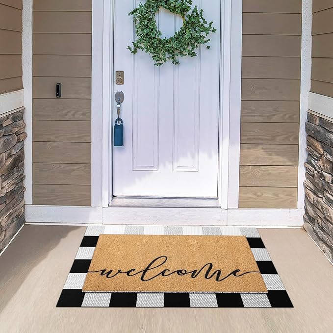 Tinideya 2 Pcs Door Mat Welcome Non Slip Coir Mats Floor Layering Doormats Seasonal for Front Porch Entryway Decor(Welcome)