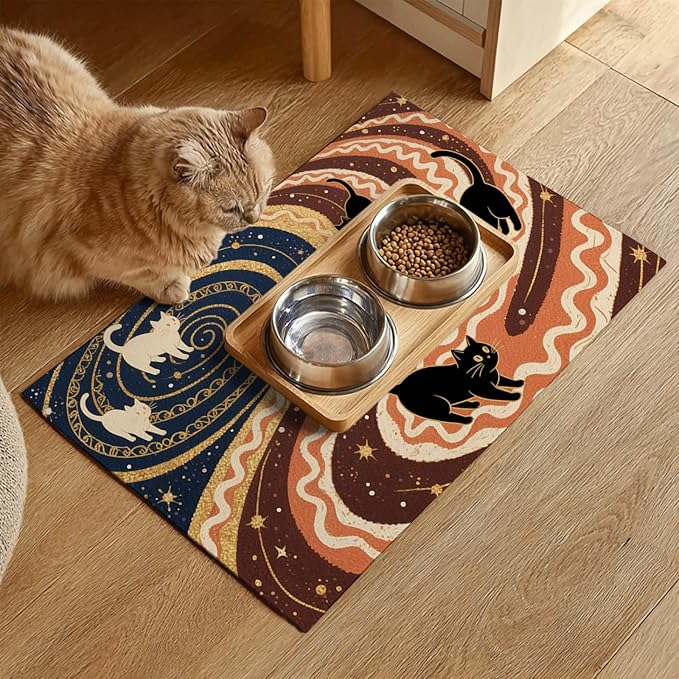 Pet Feedings Mats 20x12 inch Black Cat Design Pet Bowl Placemat Non Slip Mat for Cats Food and Water Indoor Kitty Feeding Station Artistic Cats Meal Mat for Small Pets Kitchen Floor Use