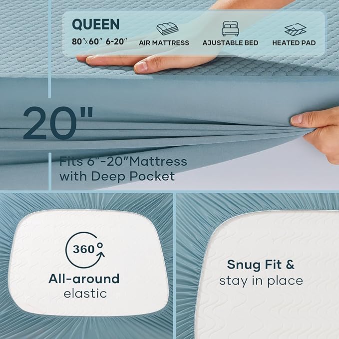 OhGeni 100% Waterproof Mattress Protector,Queen Size Mattress Soft Pad,Pet Hair & Bedwetting Resistant,Cooling Breathable Fitted Sheets,Washable Bed Cover,Non-Slip Deep Pocket,Noiseless,Lake Blue