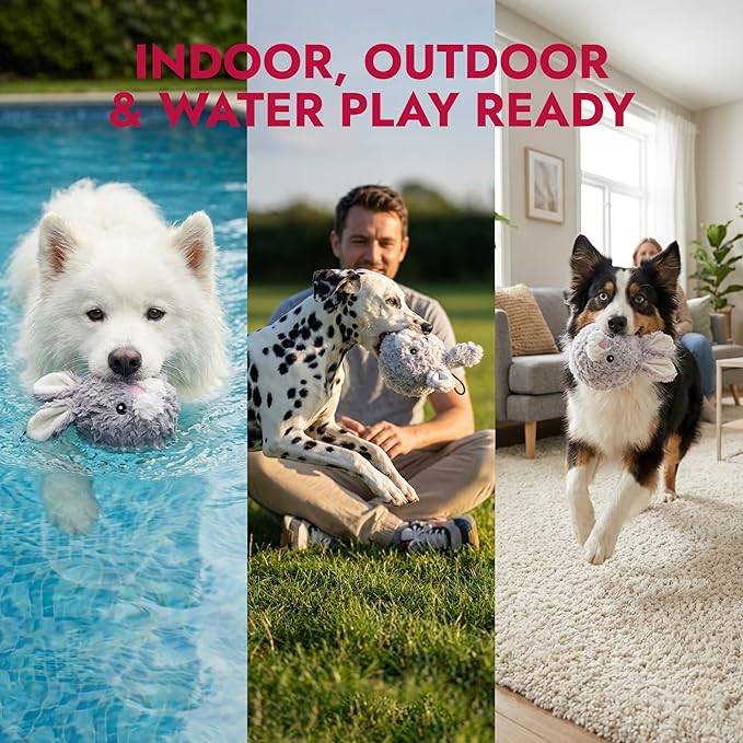 Pet Lou DOG'Z 4 Inch EZ Squeaky Rabbit Dog Plush Toy, Stuffing-Free Soft Plush, Durable Bouncy Squeaker Ball, Floats in Water, for Small & Medium Dogs
