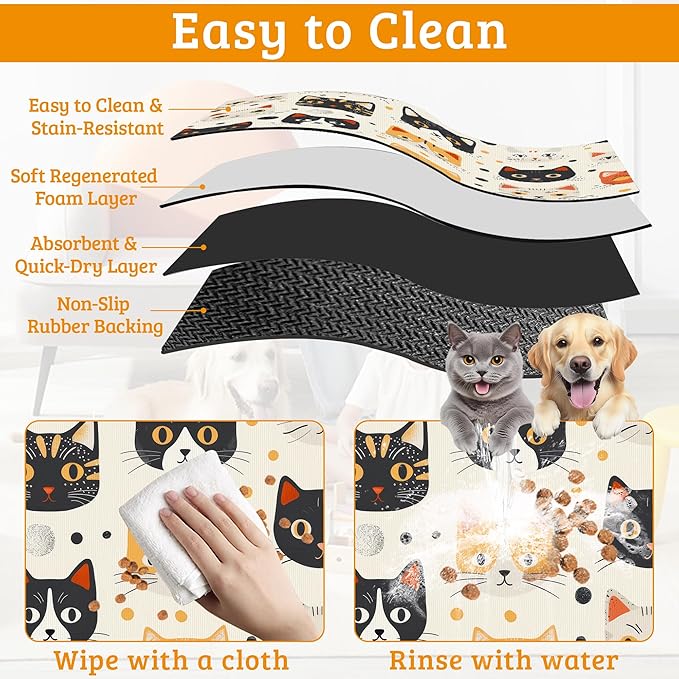 Cats Dog Cat Food Mat,Absorbent Waterproof Placemat for Food and Water Non Slip Rubber Backing Durable Feeding Pad for Clean Floors 16" x 24"