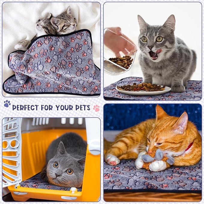 Tatuo 4 Pcs Dog Blanket for Pet Cat Blankets Indoor Puppy Teething Stuff Toys Paw Print Fleece Soft Blanket Sleep Mat for Guinea Pig Cage(Blue,Small(24 x 16 Inch),Square)