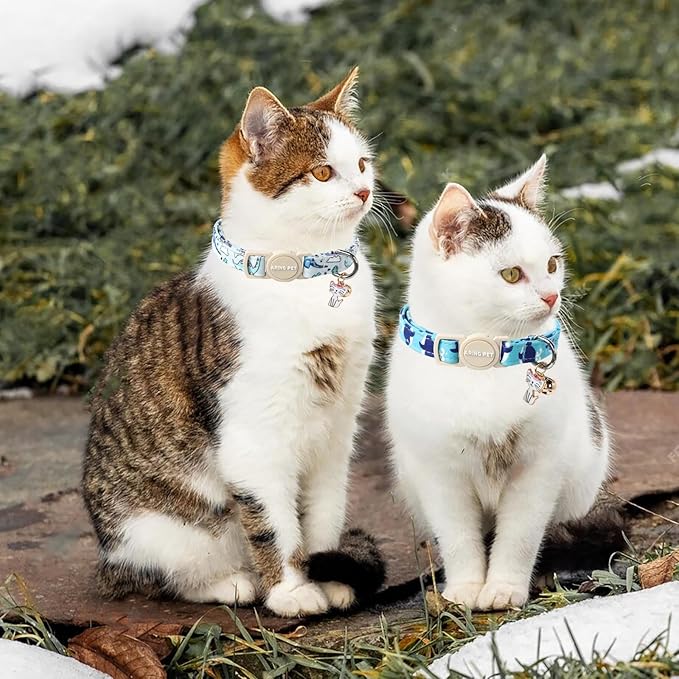 ARING PET 2 Pack Cat Collars-Cute Breakaway Cat Collar with Bell & Pendant, Adjustable Blue Whales&Dinosaur Pattern Kitten Collars with Safety Buckle for Girl and Boy Cats