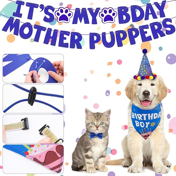 Dog Birthday Decorations, Dog Birthday Hat with Numbers Bandana Bow Tie It’s My Bday Mother Puppers Banner for Small Medium Large Dogs Pets Supplies(Blue)