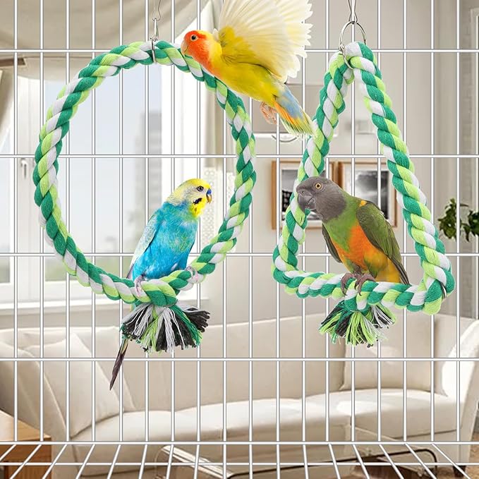 Wontee Bird Swing Bird Rope Perch Parrot Climbing Stand for Parakeets Budgies Cockatiel Conure Quaker Caique (S(5.9IN, 7.1IN))