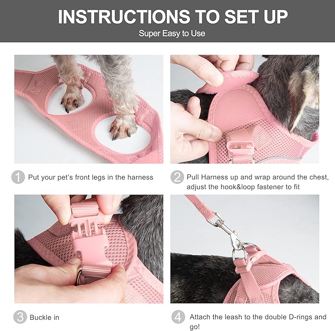 Fida Comfy Dog Harness with Leash, Soft Puppy Vest Escape Proof, Breathable Lightweight Soft Mesh, Adjustable Reflective Step-in Harness for Extra-Small Dogs (XS, Pink)