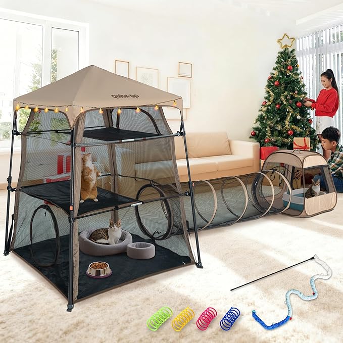 Cat Enclosure Kitten and Tower Tent for Indoor and Outdoor,3 Tier Cage Inside,Outdoor Catio,Portable and Foldable,Two Doors Design; Play Tunnel + Cube(with Three Ways)…